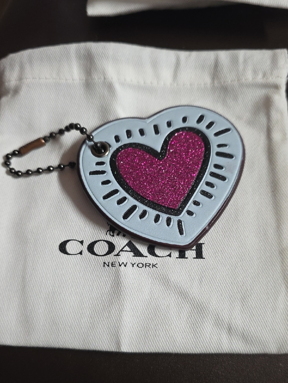 Coach X Keith Haring Collab. Heart Charm Light Blue/ Pink Glitter W/ Dusty